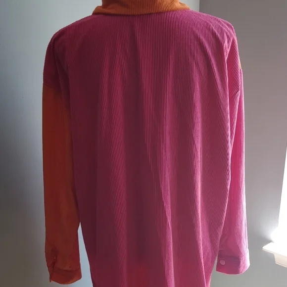 Colorblock Orange and Pink corduroy button-Up Shirt - Picture 2 of 4